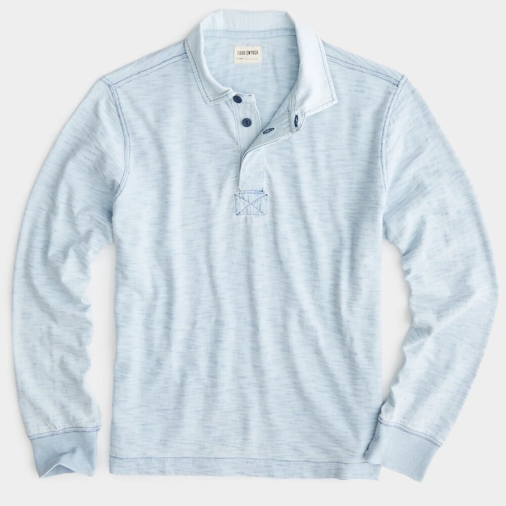 Todd Snyder Rugby Polo White Wash Light Indigo Blue Long Sleeve Shirt $168